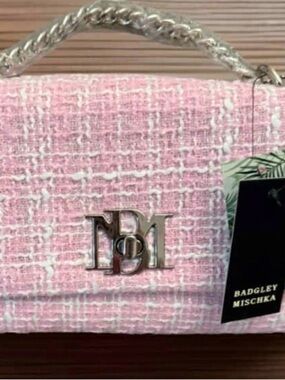Badgley Mischka Cream Canvas Clutch with Pink Trim